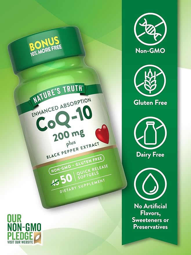 Nature's Truth CoQ10 200mg Softgels | 50 Count | Enhanced Absorption Supplement | Plus Black Pepper Extract | Non-GMO Gluten Free