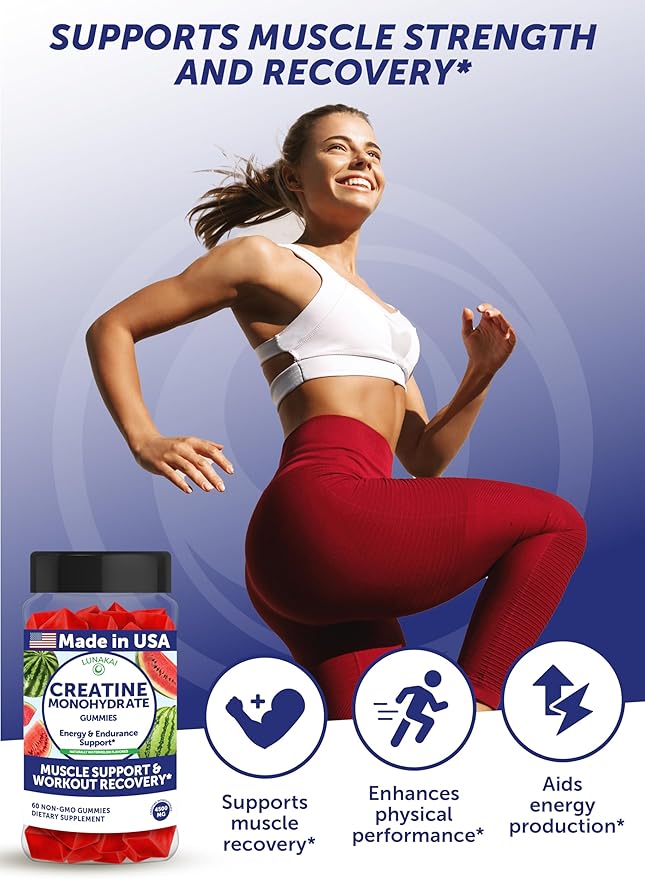 Lunakai USA Made Creatine Monohydrate Gummies for Women &amp Men – Vegan Creatine Gummies for Muscle &amp Recovery Support – Pre Workout Supplement 60ct