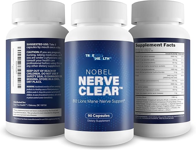 Nobel Nerve Clear - Advanced Nerve Support Supplement - Lions Mane Mushroom Magnesium &amp Vitamin B12 Complex For Nerves - B Vitamins For Nerve Repair - Magnesium Supplement For Nerves And Sleep