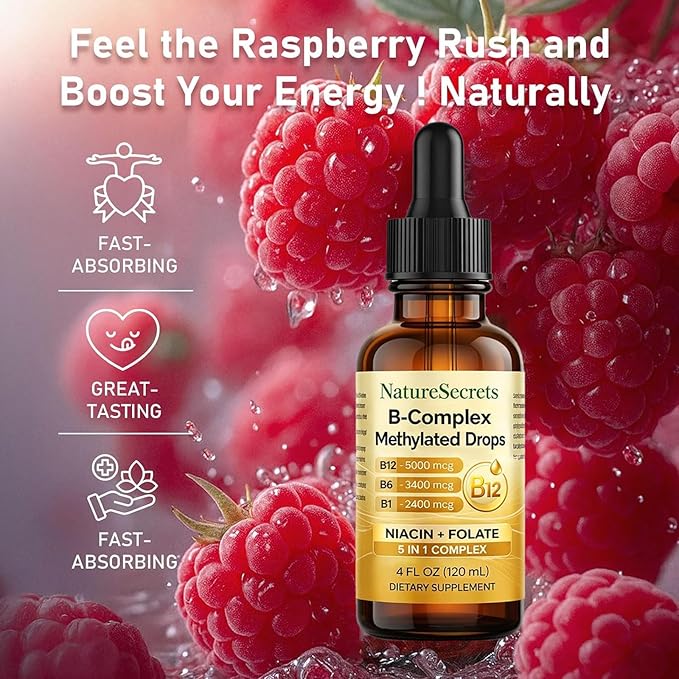 NATURESECRETS B-Complex Methylated Drops with B12 B6 B1 Fast Sublingual Absorption Essential B Vitamins for Energy &amp Nervous System Support Raspberry Flavor 120 mL / 4 fl oz