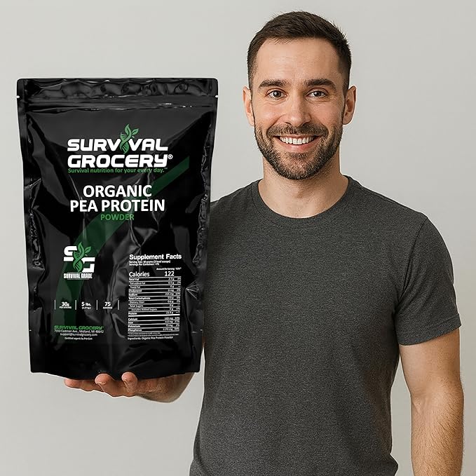 Survival Grocery® Organic Pea Protein - Organic Non-GMO North American Grown &amp Produced Gluten Free Vegan Survival Grade Protective Bulk Bags with Long Shelf Life (5 lbs./1 Bag)