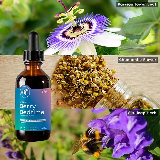 Mountain Meadow Herbs Berry Bedtime – Kids Sleep Support Drops with Melatonin Chamomile Lemon Balm &amp Passionflower - Natural Sleep Aid for Children – 2 oz