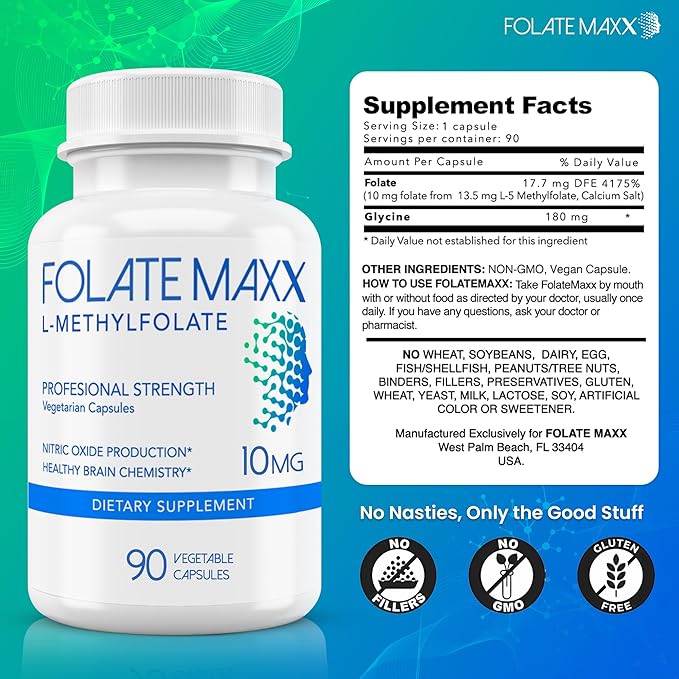 FolateMaxx L-Methylfolate 10mg 90 Capsules – Doctor Formulated Methyl Folate Supplement for Women &amp Men – High Potency 5-MTHF for Energy Mood &amp Focus – Non-GMO Gluten-Free (3-Month Supply)