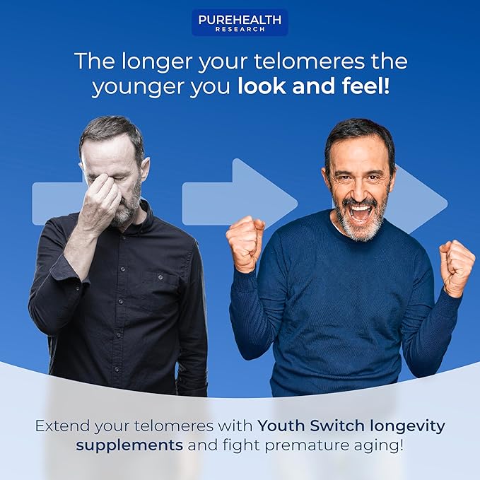 PUREHEALTH RESEARCH Youth Switch - Anti Aging Supplement with Ashwagandha Extract 600 mg KSM-66 - Longevity Activator - Telomere Supplements - Disrupt &amp Reverse Aging 1 Bottle - 60 Capsules
