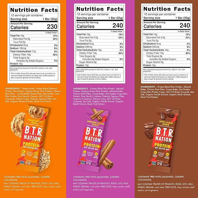 B.T.R. Nation Vegan Keto Plant Based Protein &amp Fiber Bars - High Protein (Sampler Pack) | (9 Pack) | Low Carb &amp GF Free of Sugar Alcohols Dairy Soy and Boosted with Powerful Superfoods!