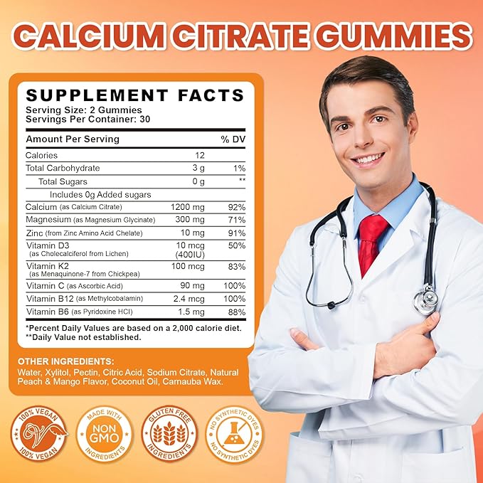 Calcium Citrate Gummies - 1200mg Calcium Gummies Supplements for Women &amp Men with Vitamin D3 K2 Magnesium Zinc High Absorption for Bone Muscle &amp Immune Support Peach &amp Mango Flavor 1