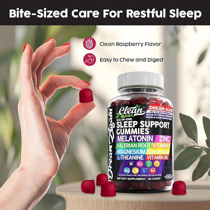 Clean Nutra Melatonin Gummies 10mg | Sleep Aid Valerian Root L-Theanine Vitamin B6 C Lemon Balm Magnesium Hibiscus Beta Carotene Saffron &amp Chamomile Rest Support Supplement Raspberry Flavor