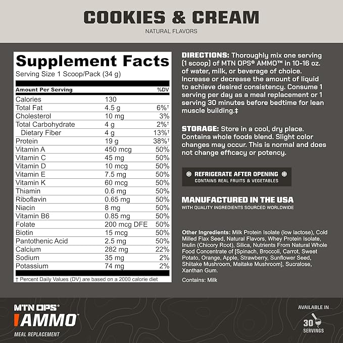 MTN OPS Ammo Meal Replacement Shake Powder – 19g Protein 10g Flaxseed 4.5g Whole Foods Real Fruits &amp Vegetables – Daily Nutrition &amp On-the-Go Fuel 30 Servings Cookies &amp Cream