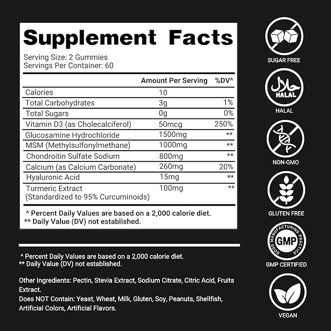 Glucosamine Chondroitin Gummies for Joint Support – 120 Glucosamine Gummies Extra Strength 3000mg with MSM Turmeric Calcium Vitamin D3 – Sugar Free Vegan Adults Supplement – Flexibility &amp Mobil