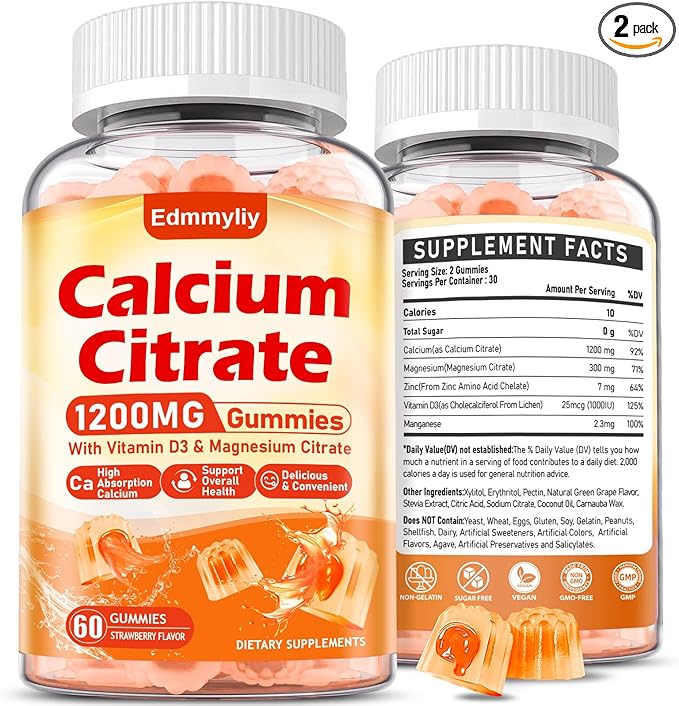 Calcium Citrate Supplement Gummies for Adult - Sugar Free Calcium Citrate 1200 Mg with Magnesium 300 Mg &amp Vitamin D3 - Organic Chewable Calcium Supplements for Women &amp Men