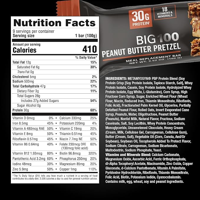 MET-Rx Big 100 Colossal Protein Bars Great as Healthy Meal Replacement Snack and Help Support Energy Peanut Butter Pretzel With Vitamin A Vitamin C and Zinc 100 g (Pack of 9)