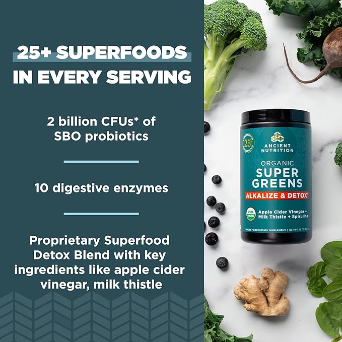 Ancient Nutrition Supergreens Alkalize &amp Detox Powder Organic Superfood Powder Made from Real Fruits Vegetables and Herbs for Digestive and Energy Support 25 Servings 7.5oz