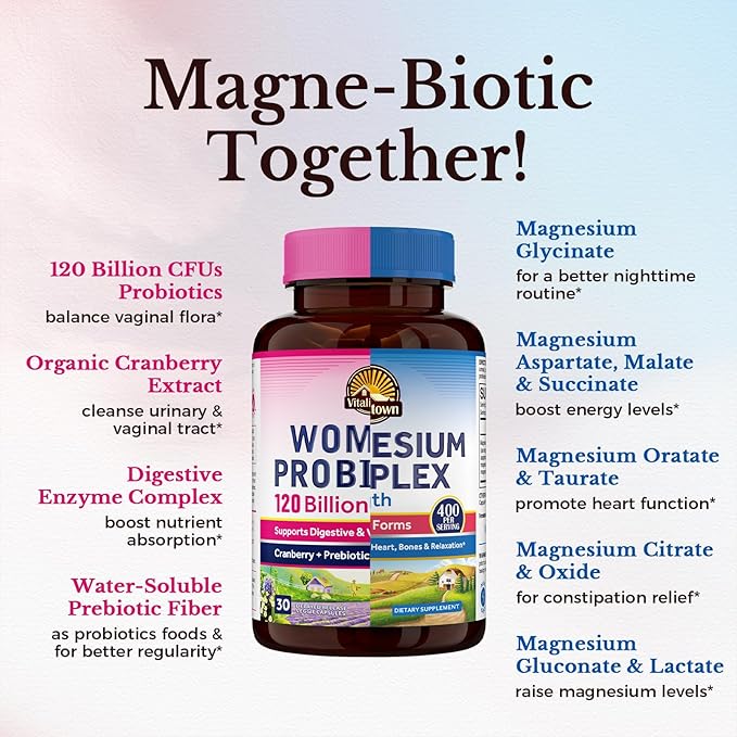 Vitalitown Magnesium + Probiotic Bundle (Pack of 2) | 10-in-1 Magnesium Complex &amp Women’s Probiotics 120 Billion CFUs | 90 Magnesium Caps &amp 30 Probiotic Caps