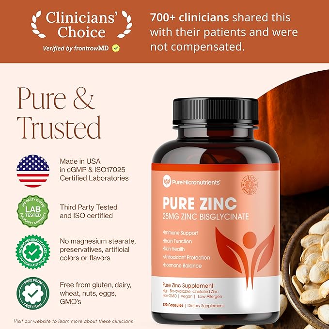 Pure Zinc Supplement 25mg - TRAACS Bisglycinate Chelate - 120 Capsules for Immune Support Skin Health &amp Energy - for Men &amp Women