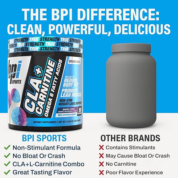 BPI Sports CLA+Carnitine – CLA L Carnitine &amp Linoleic Acid – L Carnitine Supplement for Weight Loss Metabolism &amp Lean Muscle – Caffeine Free – Snow Cone – 50 Servings – 12.34 oz