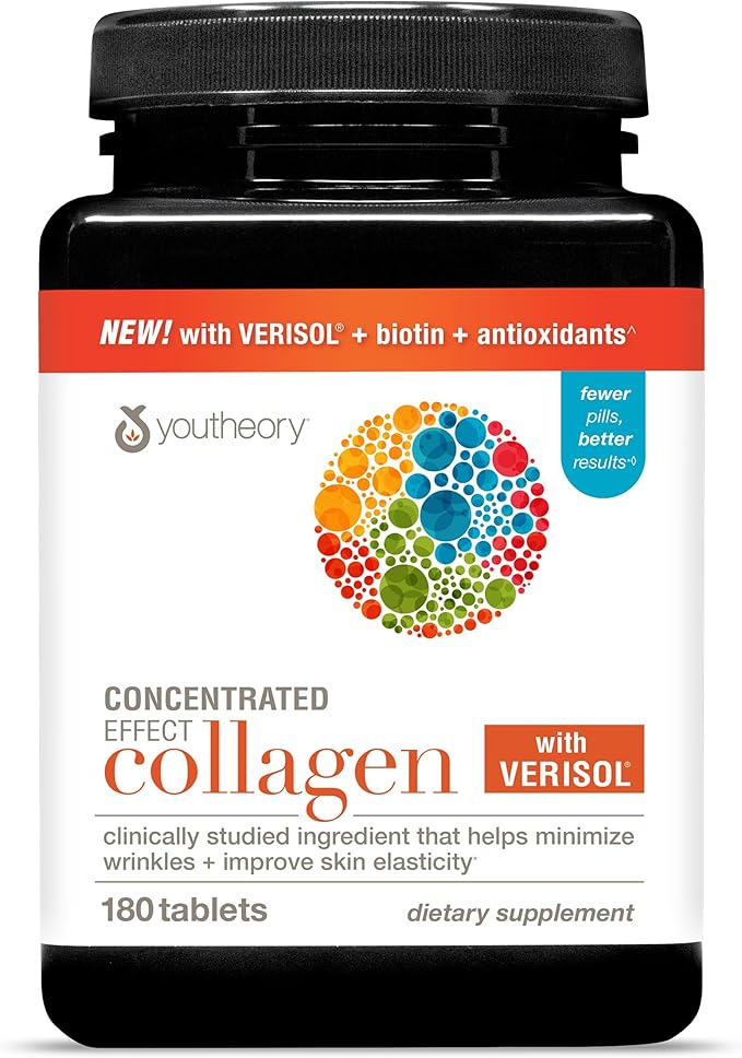 Youtheory Concentrated Effect Collagen with Verisol - Collagen Peptides with Vitamins C &amp B - Supports Hair Nails Bones &amp Joints* - 180 Tablets (60-Day Supply)