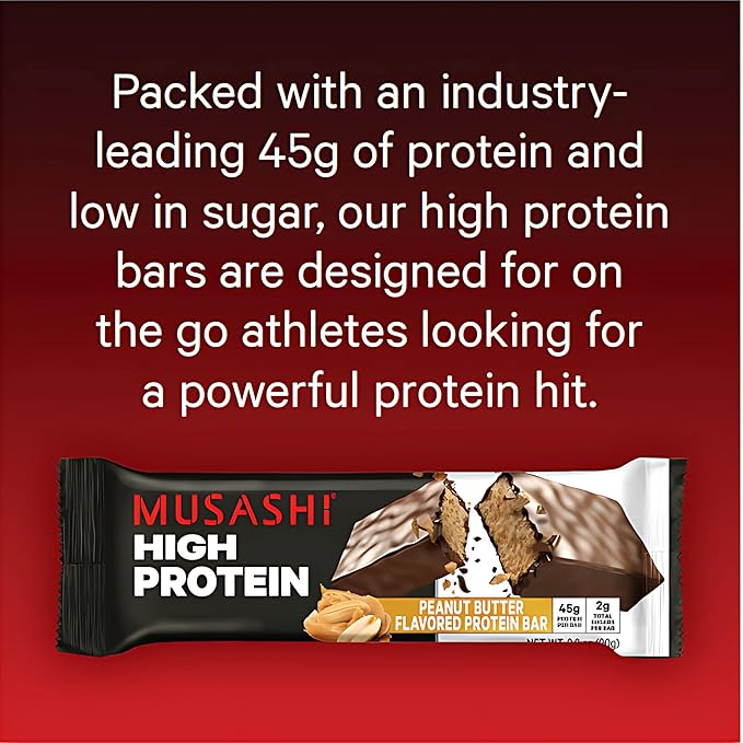 MUSASHI High Protein Bar 45g Protein 2g Total Sugars Peanut Butter &amp Milk Chocolate Coated Post Workout and Protein Snack On The Go 12 Pack of 3.2oz (90g) Bars
