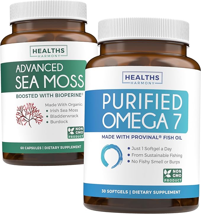 Irish Sea Moss &amp Omega 7 (1-Month Supply) Omega Sea Blend Bundle - Organic Irish Sea Moss - Raw Vegan Supplement (60 Caps) &amp Omega 7 Softgels - Provinal Sustainable Peruvian Anchovy Fish Oil (