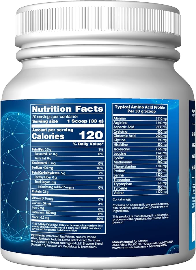 MRM Nutrition Egg White Protein - Sugar Free Vanilla Flavored Powder 23g Fat-Free Protein with Digestive Enzymes Free of Dairy Gluten and Soy High Biological Value - 20 Servings
