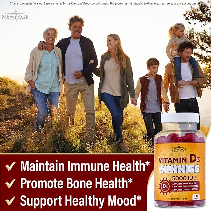NEW AGE Vitamin D3 5000 IU 125mcg Gummies - Immune Supplement - Non-GMO Gluten-Free Dairy-Free No Gelatin (180 Gummies (Pack of 3))