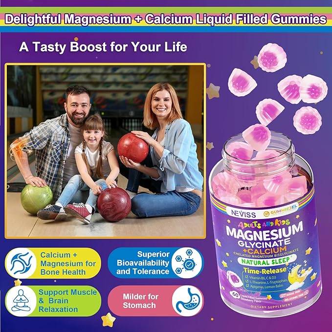 Neviss Magnesium Glycinate + Calcium Filled Gummies for Adults and Kids 4+ Kids Sleep Gummies Melatonin Free No Sugar Magnesium Supplement w/B6 D3 L-Theanine for Zzz Relax BrainBoneMuscle 2Pack