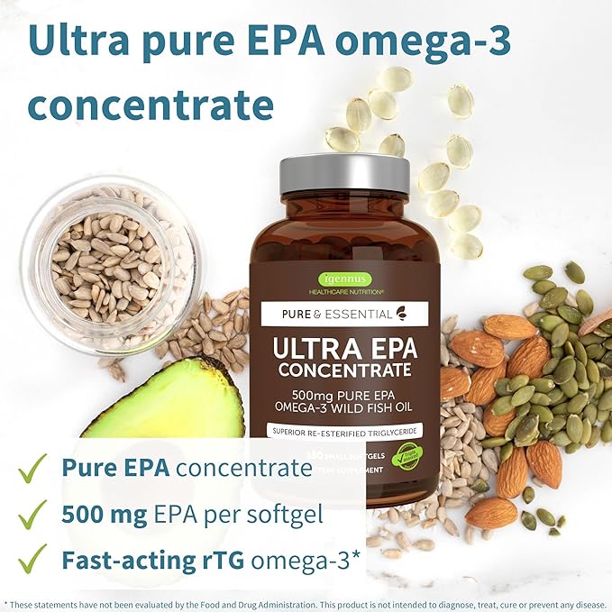 Igennus Ultra Pure Omega-3 EPA 500mg Highly Concentrated IFOS Certified Wild Fish Oil Advanced rTG Triglyceride Form Non-GMO 180 Small Softgels