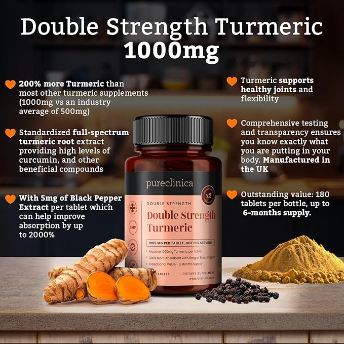 Double Strength Turmeric - Massive 1000mg x 360 Tablets - 200% more Turmeric and Natural Levels of the Potent Curcumin per Tablet - with 5mg Black Pepper Extract for 300% Increased Absorption