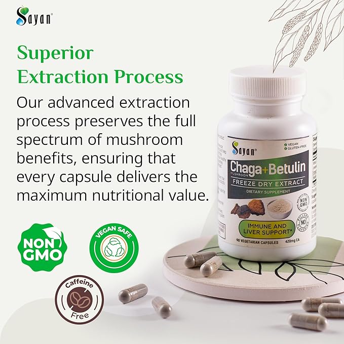 Sayan Siberian Chaga Mushroom Extract with Betulin – 90 Capsules/440mg ea – Wild-Harvested Antioxidant Blend – Immune System Support &amp Regulate Body Functions – Vegan Non-GMO No Fillers or Addit