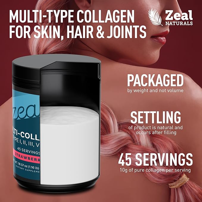 Zeal Naturals Multi Collagen Protein Peptides Powder Types I II III V X - Vitamin C Biotin &amp Hyaluronic Acid - Hair Skin &amp Nails - Marine Bovine Chicken &amp Eggshell - Strawberry 45 Ser