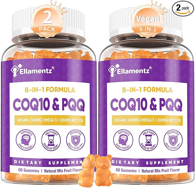 CoQ10 Gummies 200mg with PQQ Red Yeast Rice &amp Omega 3 | High Absorption Coenzyme Q10 Supplements for Hear-t Health Brain &amp Cellular Energy | Sugar-Free Vegan 120 Counts
