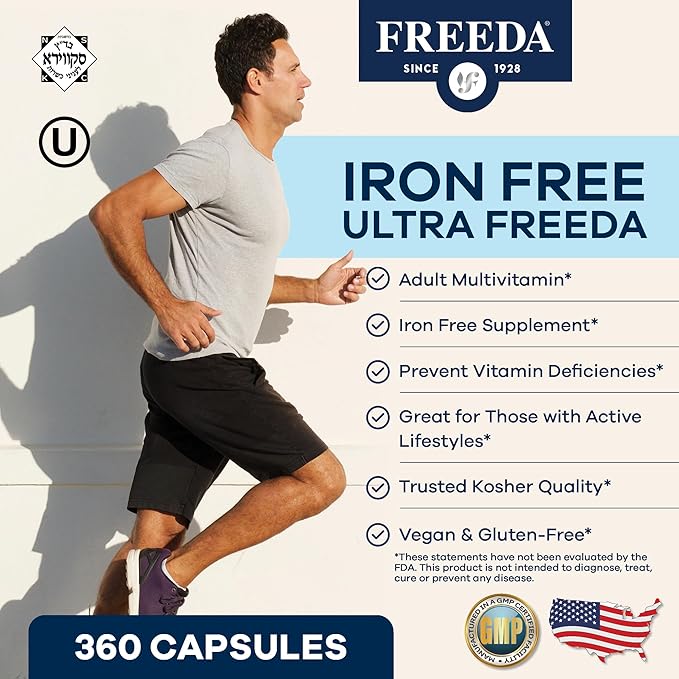 FREEDA Maximum Strength Multivitamin – High Potency Daily Supplement for Active Adults (Men &amp Women) – Iron Free – SCD Diet Compatible – 120 Capsules – Ultra Freeda