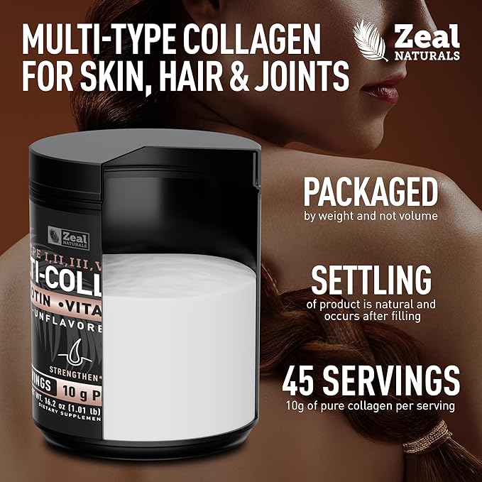 Zeal Naturals Multi Collagen Protein Peptides Powder Types I II III V X - Vitamin C Biotin &amp Hyaluronic Acid - Hair Skin &amp Nails - Marine Bovine Chicken &amp Eggshell - Unflavored 45 Ser