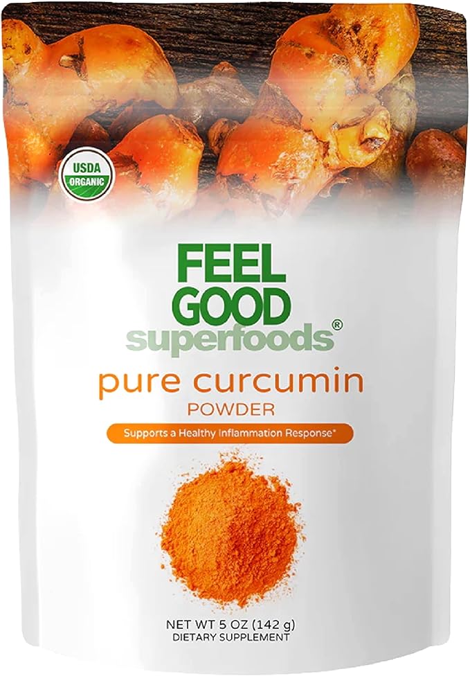 FEEL GOOD Superfoods Pure Curcumin Powder Organic Non-GMO Vegan from Bulk Ground Turmeric Root from India Curcuma Longa Joint Supplement 5 oz