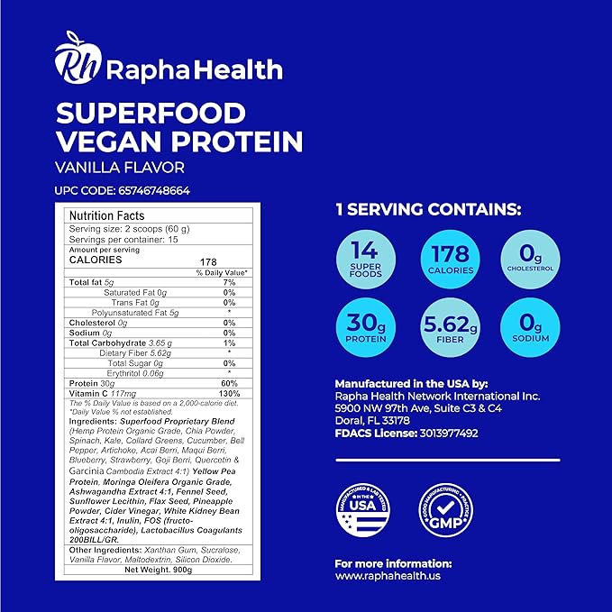 Superfood Vegan Protein (Vanilla) | Plant-Based Protein with Superfoods &amp Probiotics | Muscle Recovery &amp Energy | 15 Servings