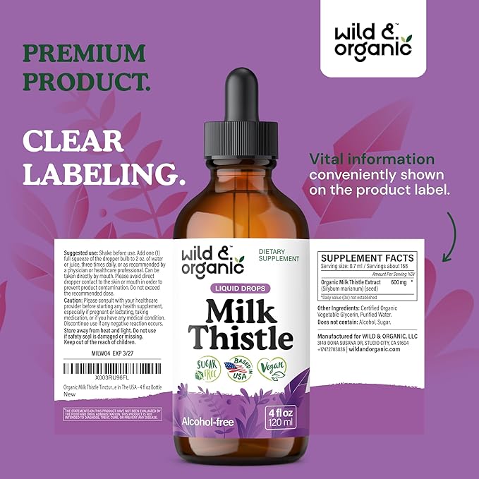 Wild &amp Organic Milk Thistle Liquid Drops - Liver Cleanse Detox - Silymarin Milk Thistle Supplement for Liver Support - Add to Tea - Silybum Marianum Seed Extract Tincture - Sugar &amp Alcohol-Fre