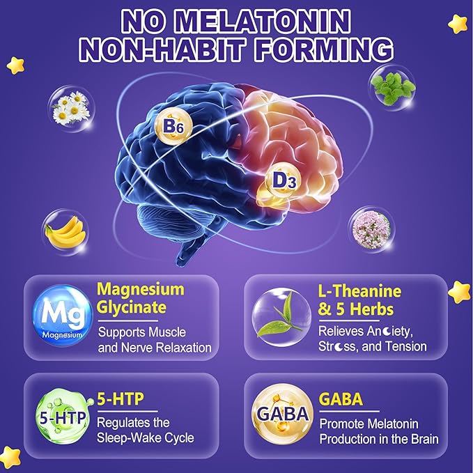 Melatonin Free Sleep Gummies with Magnesium Glycinate GABA 5-HTP L-Theanine Valerian Chamomile Lemon Balm Vitamin D3 &amp B6 - Hormone &amp Drug- Free Non-Habit FormingSugar Free