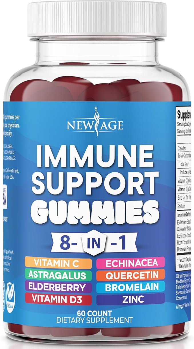 NEW AGE 8 in 1 Immune Support Booster Supplement with Elderberry Vitamin C and Zinc 50mg Vitamin D 5000 IU Quercetin &amp Bromelain (8 in 1 Gummies (Pack of 1))