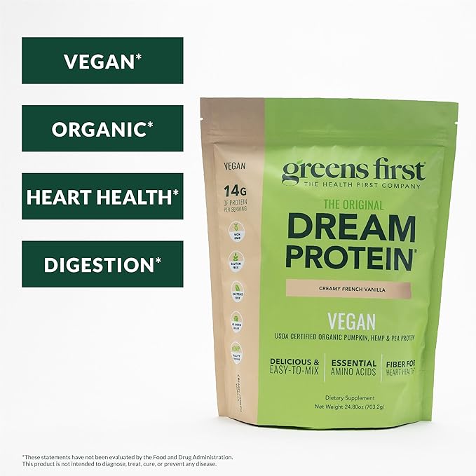 Greens First Dream Protein Plant-Based Vegan Powder - USDA Organic Pumpkin Hemp &amp Pea Protein - Gluten-Free Non-GMO No Added Sugar (Creamy French Vanilla 24.8 oz)
