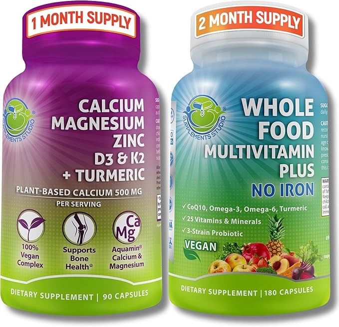 SUPPLEMENTS STUDIO Daily Immune Bone &amp Energy Support Bundle for Men &amp Women – Vegan Whole Food Multivitamin Without Iron &amp Plant-Based Calcium Magnesium with D3 K2 &amp Turmeric – Vega
