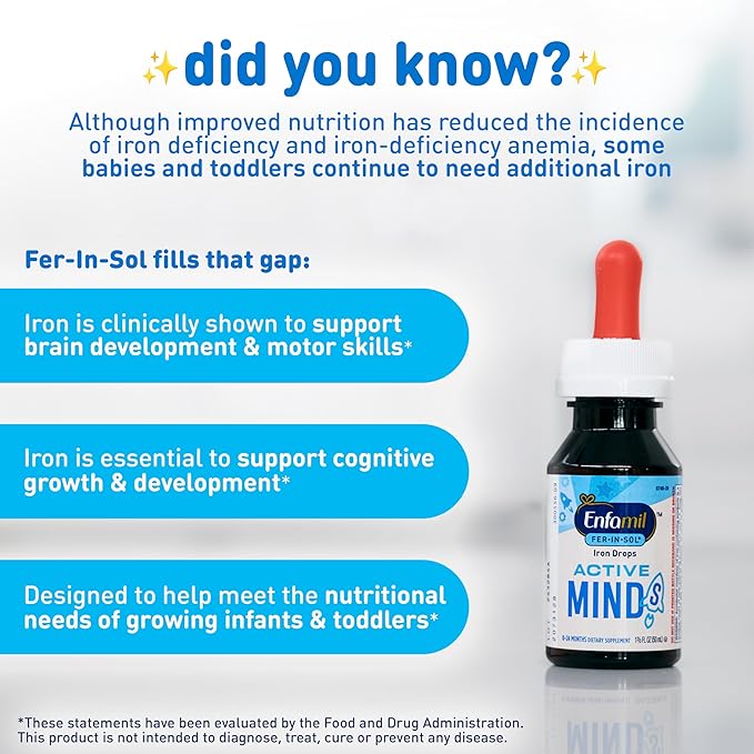 Enfamil Fer-in-Sol Iron Supplement Drops for Infants &amp Toddlers Supports Brain Development 50 mL Dropper Bottle Pack of 3