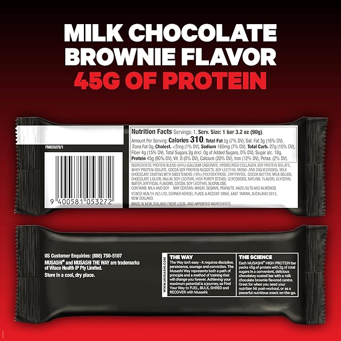 MUSASHI High Protein Bar 45g Protein 2g Total Sugars Milk Chocolate Brownie Post Workout and Protein Snack On The Go 12 Pack of 3.2oz (90g) Bars