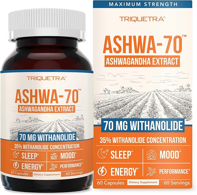 Ashwa-70®: Ashwagandha Extract - 35% Withanolides | Max Strength Highest Withanolide Concentration - Mood &amp Performance - Enhanced Absorption with BioPerine® Black Pepper (60 Capsules)