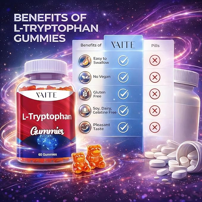 VAITE L Tryptophan 1000mg Gummies – Chewable Supplement for Positive Outlook Calm Support &amp Inner Balance 60 Vegan Gummy to Promote Restful Nights Support Mental Focus &amp Encourage Peaceful