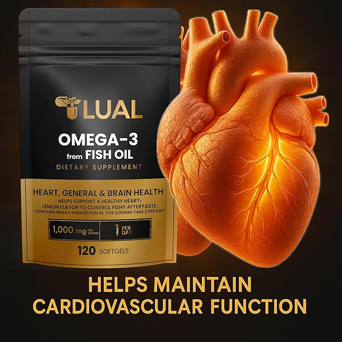 LUAL Omega-3 Fish Oil Softgels – 1000mg with EPA and DHA Lemon Flavor Burpless Non-GMO Formula for Heart Brain and Overall Wellness – 120 Count