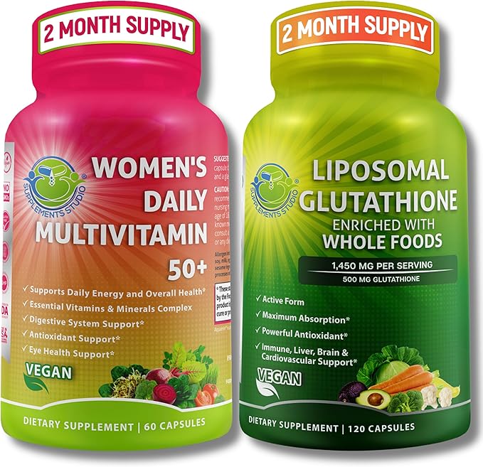 SUPPLEMENTS STUDIO Antioxidant Cellular &amp Immune Support Bundle - Women's Daily Multivitamin 50+ with Organic Superfoods + Liposomal Glutathione 500mg - Vegan Non-GMO Clean Label