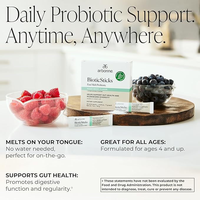 Arbonne BioticSticks Fast Melt Probiotic for Gut Health – Probiotics for Women Men and Kids – Gut Health Supplement – Vegan Gluten-Free Non-GMO – Mixed Berry Flavor – 30 Stick Packs