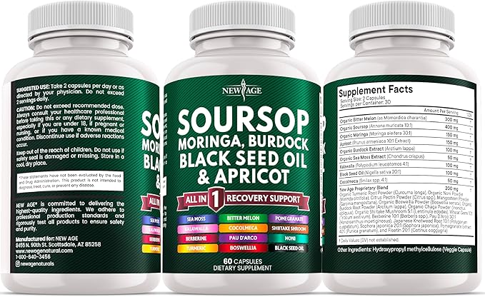 Soursop Supplement - Moringa Sea Moss Black Seed Oil Berberine Turmeric Apricot Quercetin Greens Bitters Boswellia Bitter Melon Burdock Root - 60 Capsules
