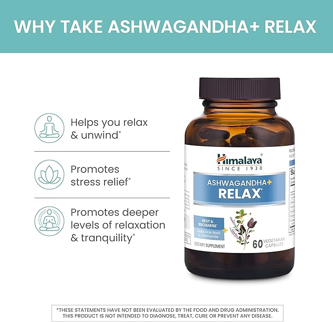 Himalaya Ashwagandha+ Relax with GABA Holy Basil &amp Chamomile for Reset Relaxation &amp Stress Relief Vegan Gluten Free 540 mg 60 Vegetarian Capsules 1 Month Supply