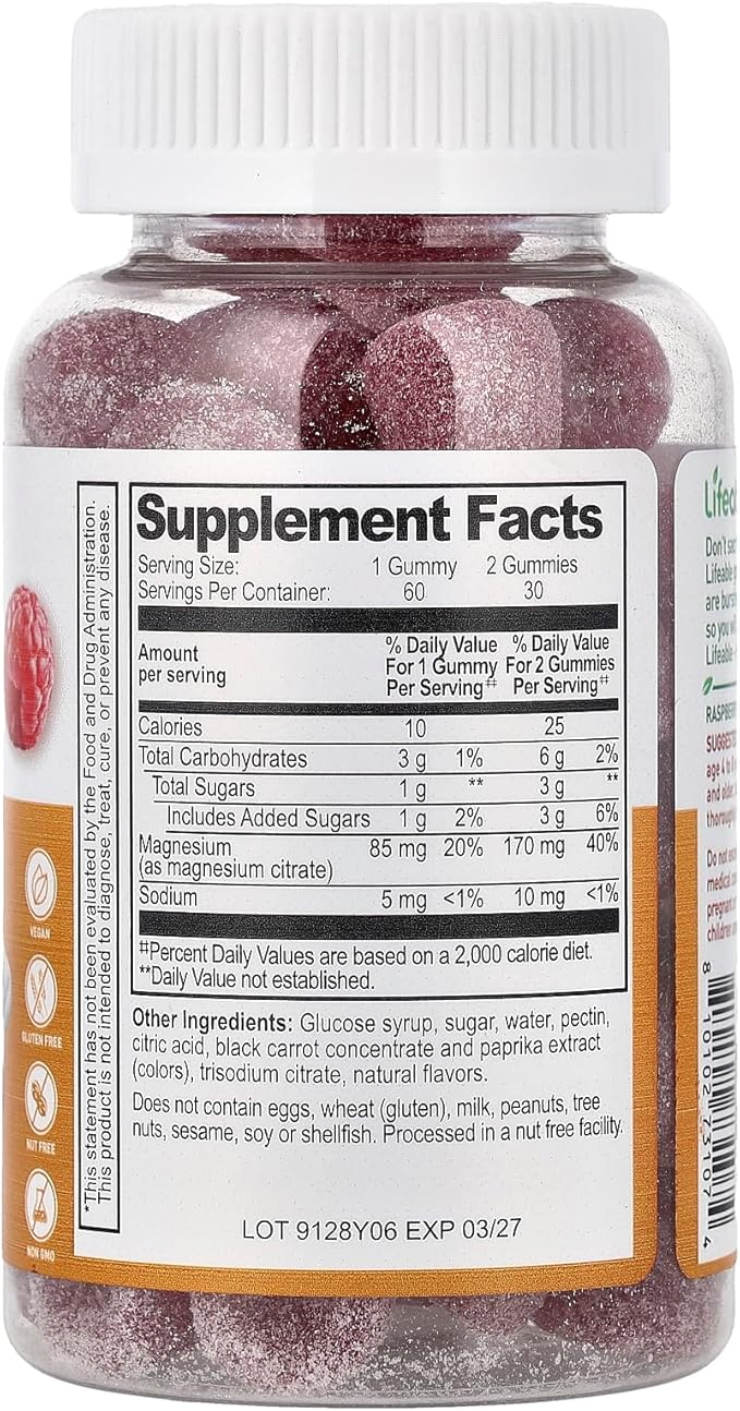 Lifeable Kids Magnesium Citrate Gummies Raspberry 60 Gummies (85 mg per Gummy)