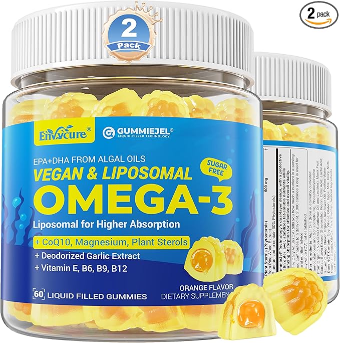 Vegan Omega-3 Gummies 1000mg +CoQ10+Magnesium- EPA 600mg DHA 400mg Fish Oil Omega 3 Supplements Alternative for Women Men Adults Liposomal Algae Plant Sterols GarlicB6B9 B12 Sugar Free 2Pack